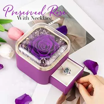 NEWNOVE Valentines Day Gifts for Her, Preserved Real Purple Rose with Angle Wings Necklace, Forever ...