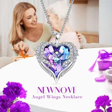 NEWNOVE Valentines Day Gifts for Her, Preserved Real Purple Rose with Angle Wings Necklace, Forever Flowers Gifts for Mom Grandma Wife Girlfriend, Mothers Day, Anniversary or Birthday Gifts for Women