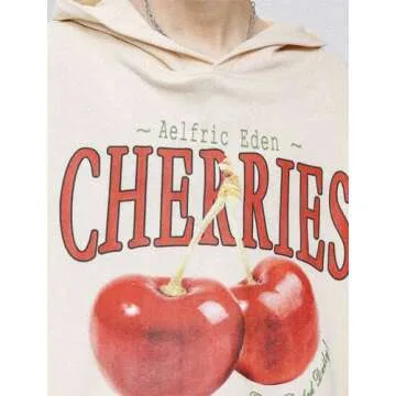 Aelfric Eden Graphic Hoodies Unisex Cherries Printed Oversized Hoodie Sweatshirt Long Sleeve Streetwear Hooded Pullover Apricot