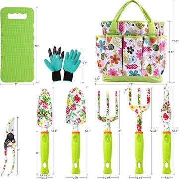 NAYE Garden Tool Set,Cute Gardening Gifts for Women,Birthday Gifts for Mom,Heavy Duty Tool Kit with Gloves,Garden Tote,Kneeling Pad,Hand Pruner,Trowel,Hand Rake,Weeder,Fork,Transplanter,Multicolor
