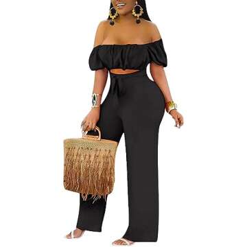 LYANER Women's Off Shoulder Cut Out Tie Front High Waist Short Sleeve Wide Leg Pants One Piece Jumpsuit Romper Solid Black Small