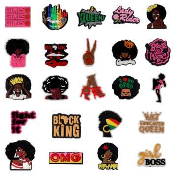 wonmon 60 PCS Black Girl Magic Shoe Charms, Black Lives Matter Charms for Shoe Clog Decoration, Colorful and Cute Designs Shoe Charms for Girls Adult Women, Black Fashion Pink Charm