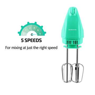 OVENTE Portable Electric Hand Mixer 5 Speed Mixing, 150W Powerful Blender for Baking & Cooking with 2 Stainless Steel Chrome Beater Attachments & Snap Clear Case Compact Easy Storage, Turquoise HM161T