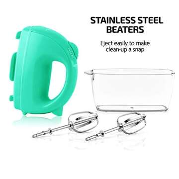 OVENTE Portable Electric Hand Mixer 5 Speed Mixing, 150W Powerful Blender for Baking & Cooking with 2 Stainless Steel Chrome Beater Attachments & Snap Clear Case Compact Easy Storage, Turquoise HM161T