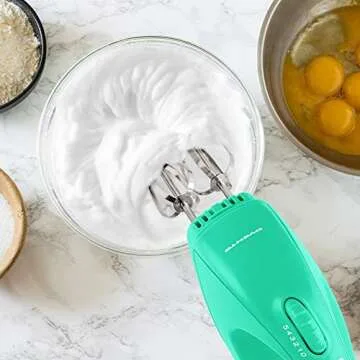 OVENTE Portable Electric Hand Mixer 5 Speed Mixing, 150W Powerful Blender for Baking & Cooking with 2 Stainless Steel Chrome Beater Attachments & Snap Clear Case Compact Easy Storage, Turquoise HM161T