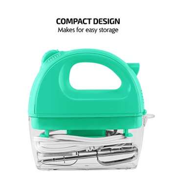 OVENTE Portable Electric Hand Mixer 5 Speed Mixing, 150W Powerful Blender for Baking & Cooking with 2 Stainless Steel Chrome Beater Attachments & Snap Clear Case Compact Easy Storage, Turquoise HM161T