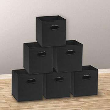 Simple Houseware Foldable Cube Storage Bin with Handle, Black - 6 Pack