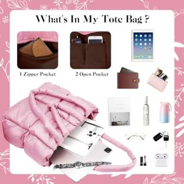 DAATUANG Puffer Tote Bag With Zipper Pink Puffer Shoulder Bag Trendy Puffer Quilted Handbag Puffer Bags For Women Luxury Puffer Bags Great Gift Pink Puffer Quilted Handbag Anthropologie Puffer Tote
