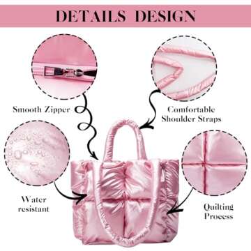 DAATUANG Puffer Tote Bag With Zipper Pink Puffer Shoulder Bag Trendy Puffer Quilted Handbag Puffer Bags For Women Luxury Puffer Bags Great Gift Pink Puffer Quilted Handbag Anthropologie Puffer Tote