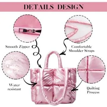 DAATUANG Puffer Tote Bag With Zipper Pink Puffer Shoulder Bag Trendy Puffer Quilted Handbag Puffer Bags For Women Luxury Puffer Bags Great Gift Pink Puffer Quilted Handbag Anthropologie Puffer Tote