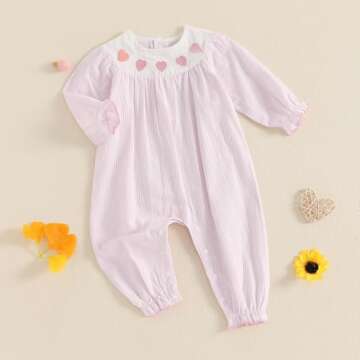 Kutterild Newborn Baby Girl Valentine's Day Outfits Long Sleeve One Pieces Romper Bodysuit Heart Print Cotton Linen Romper (Light Pink, 0-3 Months)