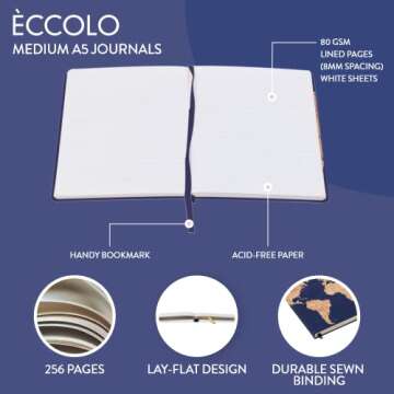 Eccolo Medium Lined Journal Notebook, Flexible Cover, A5 Writing Journal, 256 Ruled Ivory Pages, Ribbon Bookmark, Lay Flat, Notebook for Work or School, Cork Map (Blue, 5.75-x-8.25 inches)
