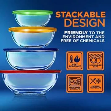 NutriChef 4-Pack Glass Mixing Bowls with BPA-Free Lids, Stackable Nesting Salad Bowls (1QT, 1.6QT, 2.5QT, & 3.7QT), Prepping and Baking Food Storage Set, Dishwasher, Freezer, & Microwave Safe