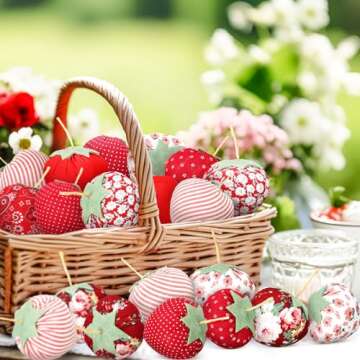 GlikCeil 24 Pcs Faux Fabric Strawberry Decor Handmade Assorted Fake Strawberries Vintage Style Artificial Fabric Strawberries Bowl Fillers for Spring Summer Valentines Gift Baby Shower Wedding Decor