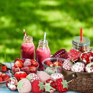 GlikCeil 24 Pcs Faux Fabric Strawberry Decor Handmade Assorted Fake Strawberries Vintage Style Artificial Fabric Strawberries Bowl Fillers for Spring Summer Valentines Gift Baby Shower Wedding Decor