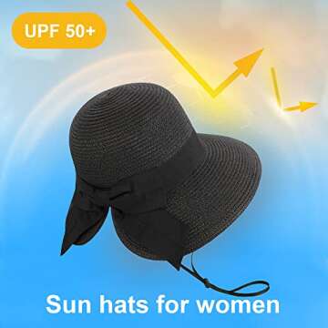 Verabella Black Sun Hat Bonnet Womens Foldable Straw Sun Wide Brim Hats for Women Beach Straw Hat for Womens Summer Hat for Travel,Black