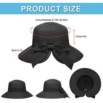 Verabella Black Sun Hat Bonnet Womens Foldable Straw Sun Wide Brim Hats for Women Beach Straw Hat for Womens Summer Hat for Travel,Black