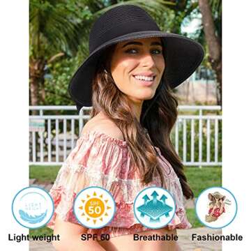 Verabella Black Sun Hat Bonnet Womens Foldable Straw Sun Wide Brim Hats for Women Beach Straw Hat for Womens Summer Hat for Travel,Black