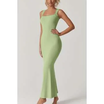 QINSEN Women's Square Neck with Lace Detail Long Maxi Dress Sleeveless Lounge Ribbed Full Length Dresses Green XS