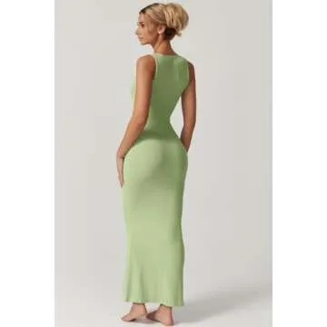 QINSEN Women's Square Neck with Lace Detail Long Maxi Dress Sleeveless Lounge Ribbed Full Length Dresses Green XS