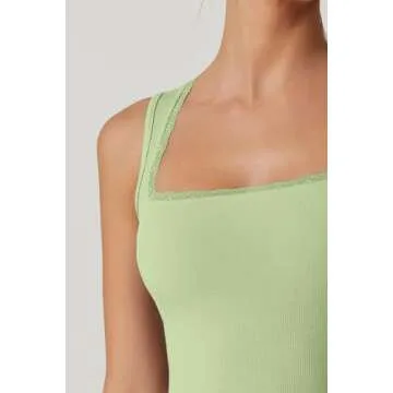 QINSEN Women's Square Neck with Lace Detail Long Maxi Dress Sleeveless Lounge Ribbed Full Length Dresses Green XS