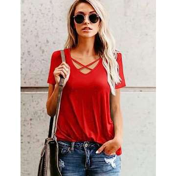 Amoretu Womens Summer Tops V Neck Criss Cross Short Sleeve Basic Plain Tee T-Shirt Red