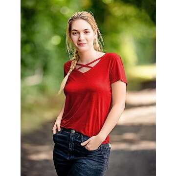 Amoretu Womens Summer Tops V Neck Criss Cross Short Sleeve Basic Plain Tee T-Shirt Red