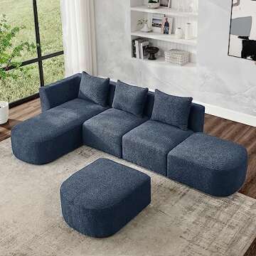 KIVENJAJA Modular Sectional Sofa, L-Shaped Couch with Left Facing Chaise, Ottoman & Pillows, Modern Boucle Fabric 5 Seater Comfy Cloud Sofas, Living Room Furniture Sets, 113 inch, Navy Blue