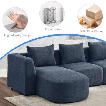 KIVENJAJA Modular Sectional Sofa, L-Shaped Couch with Left Facing Chaise, Ottoman & Pillows, Modern Boucle Fabric 5 Seater Comfy Cloud Sofas, Living Room Furniture Sets, 113 inch, Navy Blue