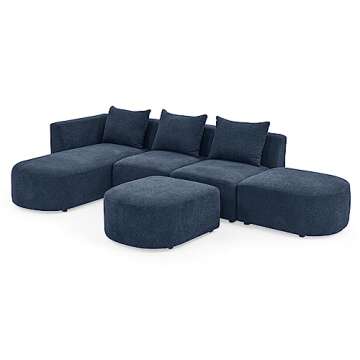 KIVENJAJA Modular Sectional Sofa, L-Shaped Couch with Left Facing Chaise, Ottoman & Pillows, Modern Boucle Fabric 5 Seater Comfy Cloud Sofas, Living Room Furniture Sets, 113 inch, Navy Blue