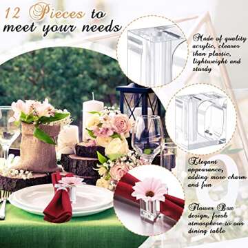 Flower Napkin Rings Acrylic Napkin Holder for Cloth Napkins Flower Bud Square Napkin Ring Clear Napkin Holders Bud Vase Combo for Wedding, Birthday Banquet Table Decor, 1.77 x 1.97 Inch(12 Pcs)