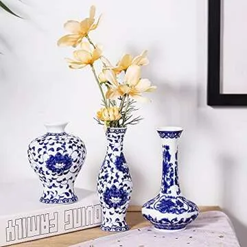 Bigsee Small Blue and White Vase Classical Ceramic Vases Set of 3, Chinese Porcelain Vases with Art ...