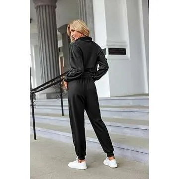 ELESOL Womens Jogger Sweatpants Long Sleeve Track Suits Casual 2 Piece Sets High Collar Sweatsuit Set Black XL