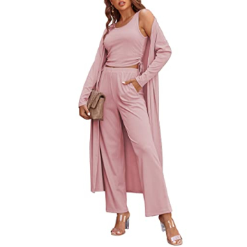 Ekouaer Women's 3 Piece Knit Lounge Set Pajama Long Sleeve Cardigan Sleeveless Top Pants Sweatsuit