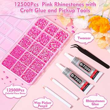 B7000 Adhesive Glue with 14000Pcs Hot Pink Rhinestones for Crafts, Rose AB Color Jelly Rhinestones F...