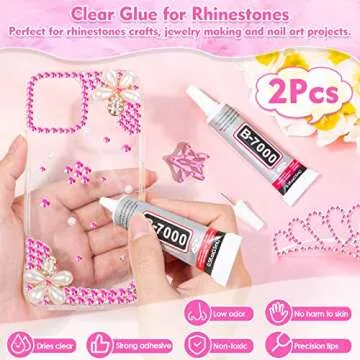 B7000 Adhesive Glue with 14000Pcs Hot Pink Rhinestones for Crafts, Rose AB Color Jelly Rhinestones Flatback Resin Bling Gems with Tweezer for Shoes, Tumblers, Clothes Decoration