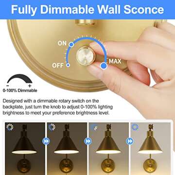 TRLIFE Wall Sconce Plug in, Brushed Brass Dimmable Wall Sconce Swing Arm Wall Lights Plug in Wall Mounted Light with 6FT Plug in Cord, E26 Base, UL Listed(1 Pack)