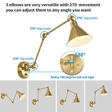 TRLIFE Wall Sconce Plug in, Brushed Brass Dimmable Wall Sconce Swing Arm Wall Lights Plug in Wall Mounted Light with 6FT Plug in Cord, E26 Base, UL Listed(1 Pack)