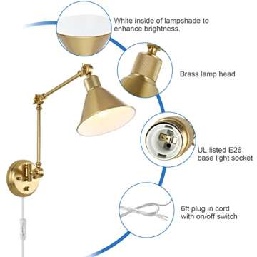 TRLIFE Wall Sconce Plug in, Brushed Brass Dimmable Wall Sconce Swing Arm Wall Lights Plug in Wall Mounted Light with 6FT Plug in Cord, E26 Base, UL Listed(1 Pack)