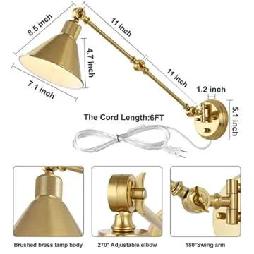 TRLIFE Wall Sconce Plug in, Brushed Brass Dimmable Wall Sconce Swing Arm Wall Lights Plug in Wall Mounted Light with 6FT Plug in Cord, E26 Base, UL Listed(1 Pack)
