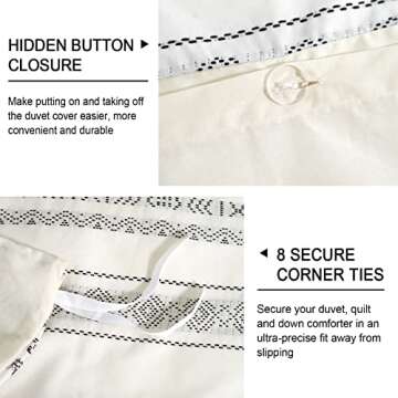 PHF 100% Cotton Jacquard Duvet Cover King Size, 3 Pieces Soft Breathable Duvet Set for All Season, Pre-Washed Boho Textured Comforter Cover with 2 Pillow Shams, 106"x 92", Black and Ivory