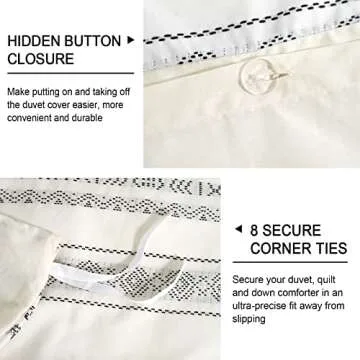 PHF 100% Cotton Jacquard Duvet Cover King Size, 3 Pieces Soft Breathable Duvet Set for All Season, Pre-Washed Boho Textured Comforter Cover with 2 Pillow Shams, 106"x 92", Black and Ivory