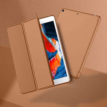 iMieet iPad 9th Generation Case 2021/iPad 8th Generation Case 2020 10.2 Inch with Pencil Holder, iPad 7th Gen 2019 Case with Soft Baby Skin Silicone Back, Auto Wake/Sleep Cover (Brown)