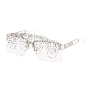 Naimo Rhinestone Tassel One Piece Sunglasses - Oversized Rimless Shades for Trendsetters
