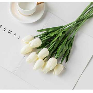 HoveBeaty Artificial Tulips Bridal Wedding Festival Decor Bouquet Real Touch PU Flower Bouquet Pack of 20 (Milk White)