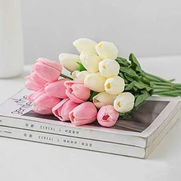HoveBeaty Artificial Tulips Bridal Wedding Festival Decor Bouquet Real Touch PU Flower Bouquet Pack of 20 (Milk White)