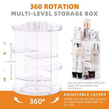 Peyton Makeup Organizer， 360 Rotating Makeup Organizer,DIY Adjustable Spinning Holder Storage Display Case with 8 Layers Large Capacity, Fits Makeup Brushes, Lipsticks and More, Clear Transparent.