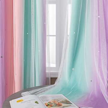 XiDi Curtains for Girls Bedroom Decor, Rainbow Curtains for Kids Room Decor, Purple Blackout Curtains for Little Girl Room, Unicorn Wall Decals Pink Curtains Green, 63 Inches Long 34 Wide 1 Panel
