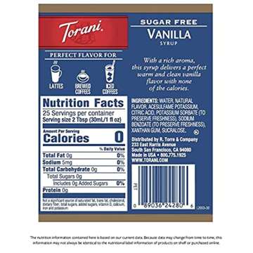 Torani Sugar Free Vanilla Syrup for Coffee 25.4 Ounces for Vanilla Flavored Syrup with Fresh Finest Syrup Pump Dispenser