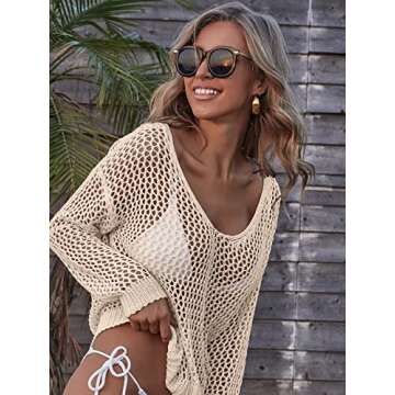 MakeMeChic Women's Bathing Suit Cover Ups Long Sleeve Crochet Swim Beach Cover Up Top
